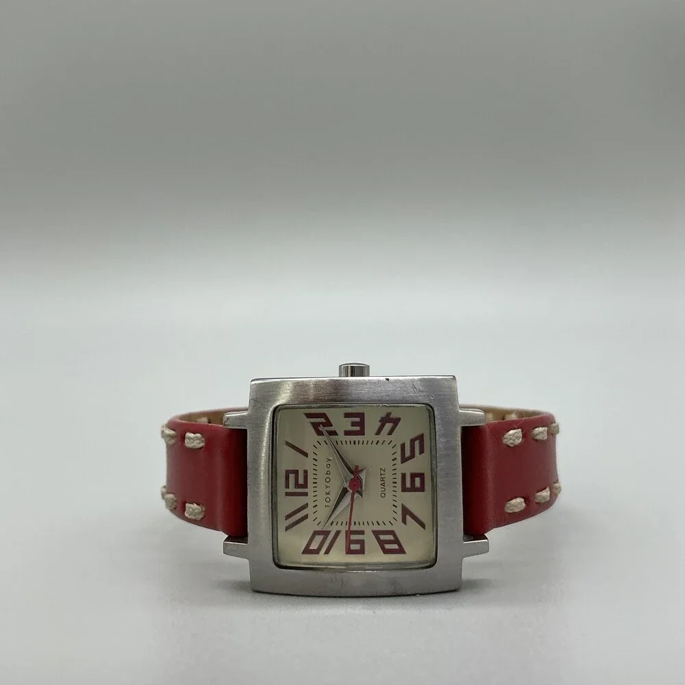 TOKYObay Womens Watch 23mm Cream Dial Red Leather Square New Battery
